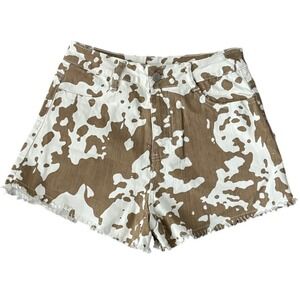 Brand New Saints Hearts Womens Cow Print Denim Jean Shorts Frayed Hem High Rise